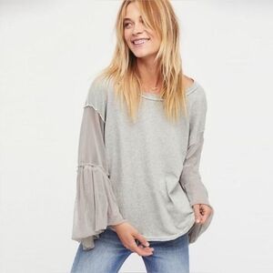 Free People Still Got It Gray Mesh Bell Sleeve Oversized Boho Top Size Small